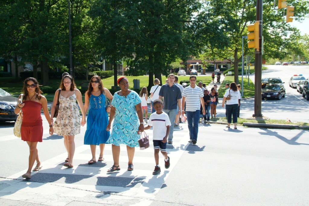 Two dozen Howard County residents use a crosswalk at Little Patuxent Parkway in Columbia, MD.