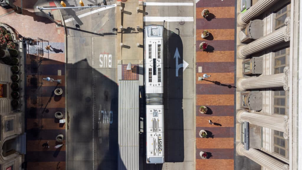 Aerial view of a bus in the bus lane - Cleveland, Ohio