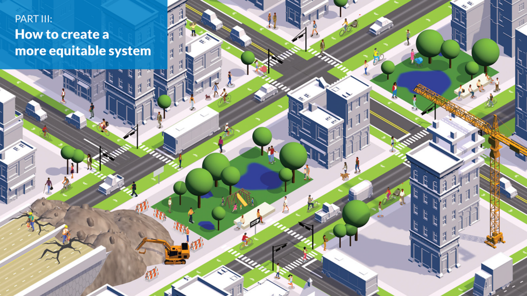 graphic showing a stylized scene of what a neighborhood could look like after tearing a highway down