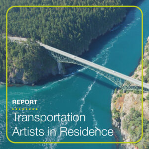 Image of a body of water with a bridge bounded by two bodies of land with trees and cliffs. Text reads: Transportation Artists in Residence