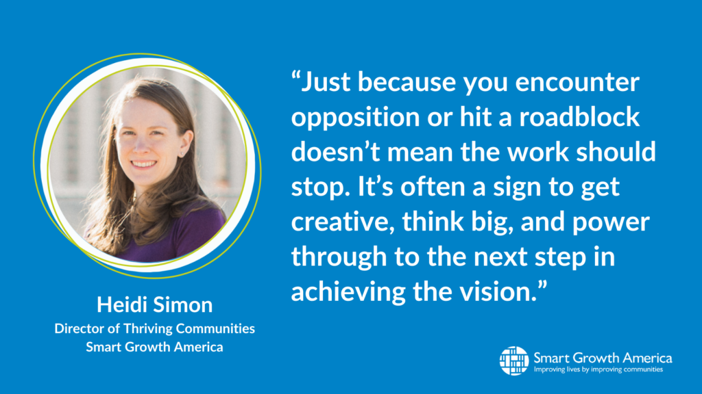 a blue graphic with white text reads introduces Heidi Simon, Director of Thriving Communities at Smart Growth America on the left, and aligned right is her quote 