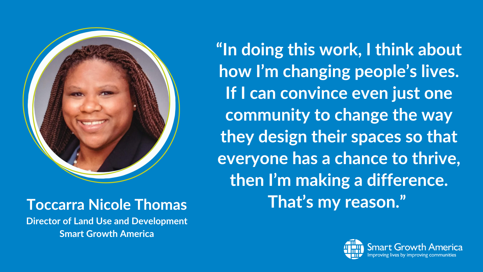 Aligned left is Toccarra's headshot, where she smiles at the camera wearing a black blazer, and underneath is her name and title. To the right is a quote that reads 