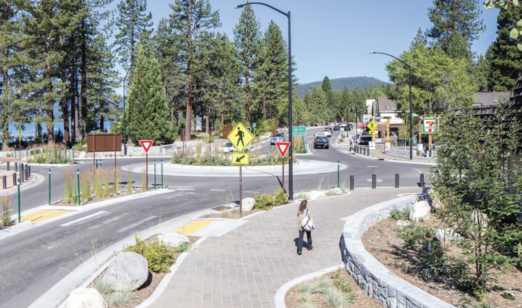 A four-lane road was reduced to three lanes to accommodate a wider sidewalk