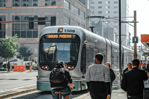 A t-bound rail car in Phoenix, Arizona reaches a stop by a sidewalk filled with people walking and biking