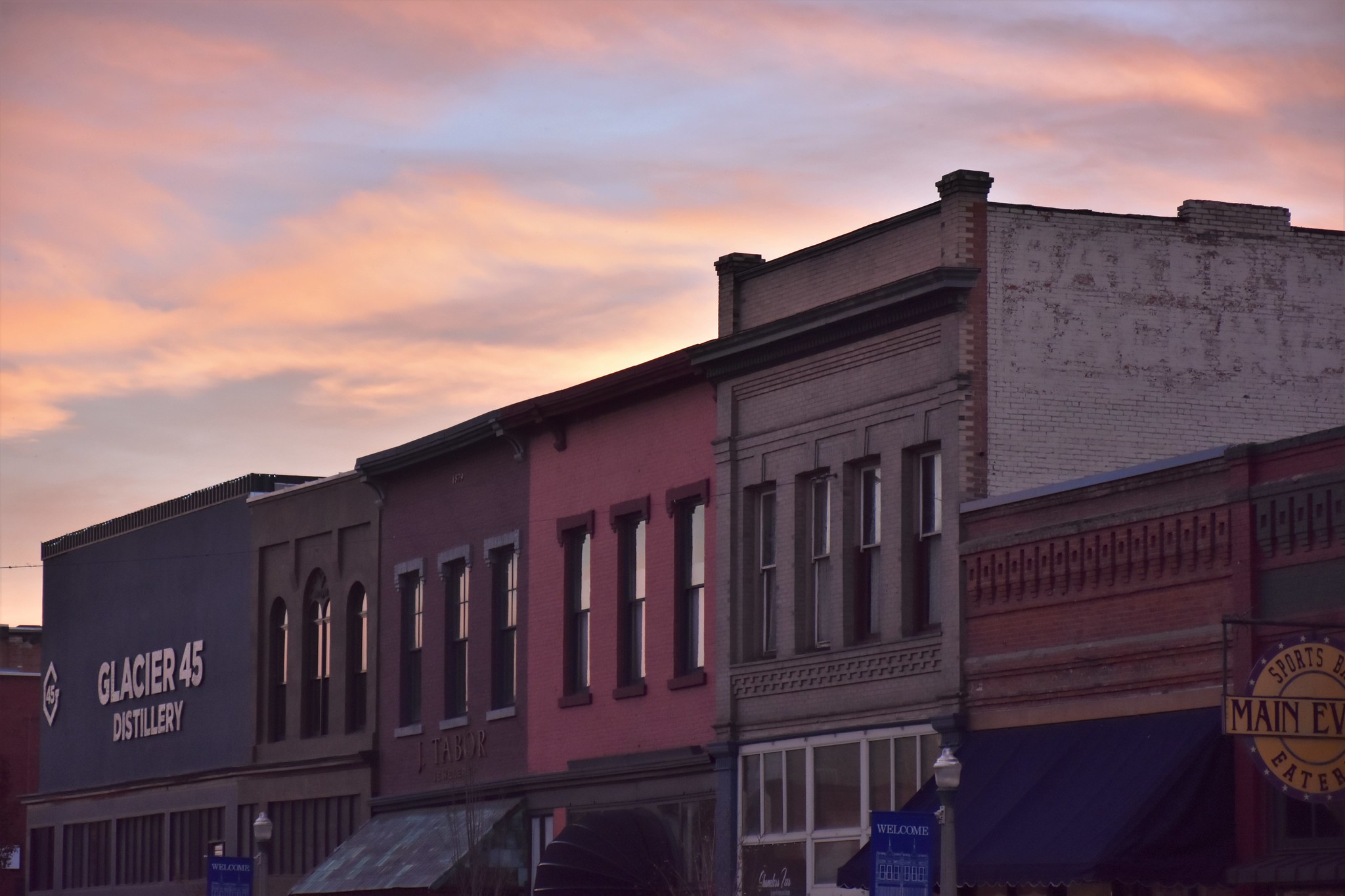 Tops of businesses in in a historic small town main street