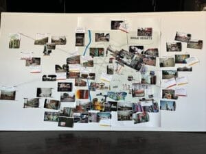 A large white wall display map covered in photos and writing illustrating the ideas of Boyle Heights residents