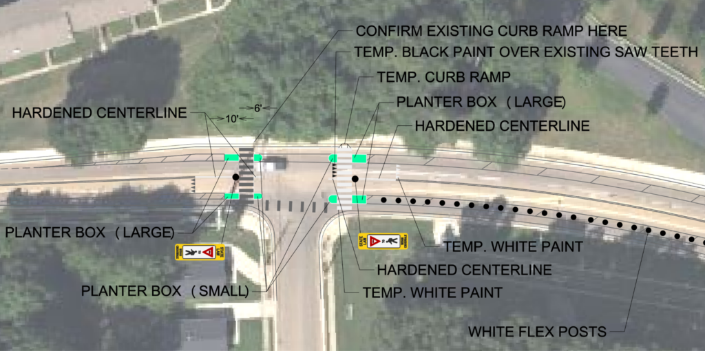 Aerial photo of a three-way intersection with labels marking planned safety improvements, including pedestrian crosswalks, curb ramps, planter boxes, flex posts and painted curb extensions.