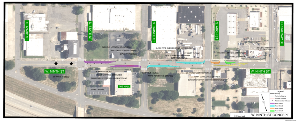 Aerial view of West Ninth Street with labels marking locations of proposed safety improvements.