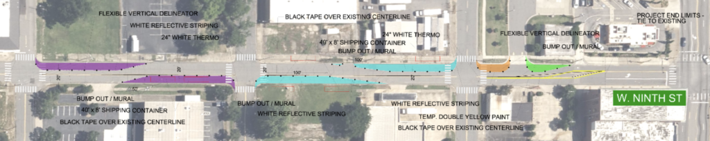 Aerial view of West Ninth Street with labels marking locations of proposed safety improvements.