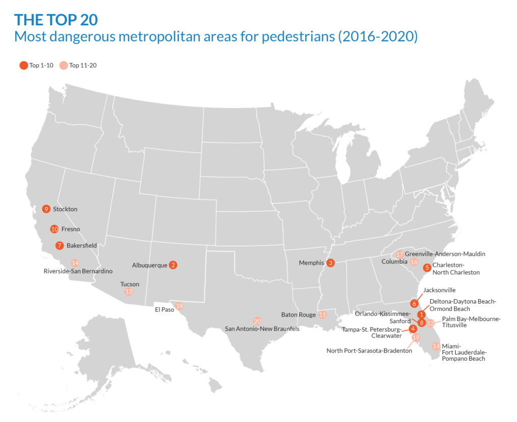 A gray map shows the 20 most dangerous metros in the United States in red. 